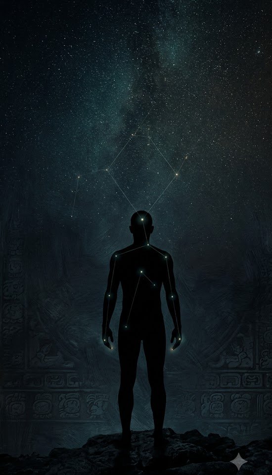 A human figure beneath a Maya star field, points of light marked along the body