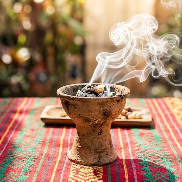 Copal burning in a clay vessel on a woven textile
