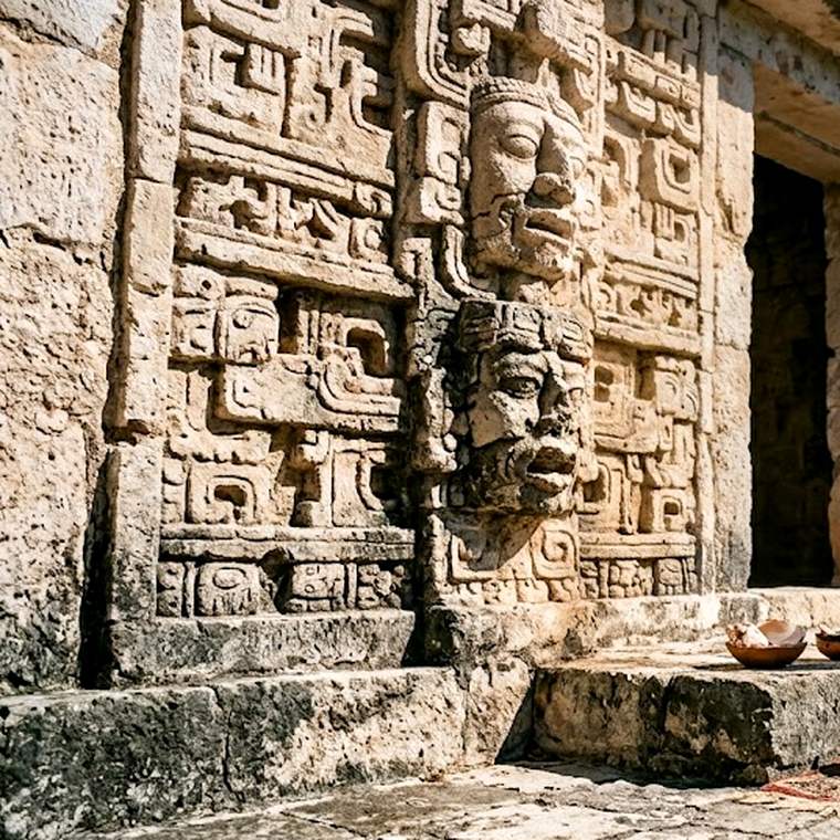 Carved limestone masks on a Maya facade in full sunlight