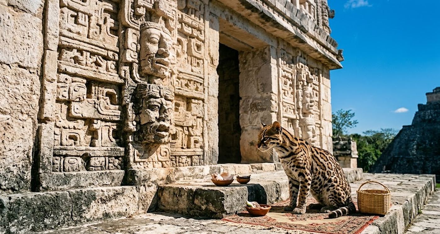 An ocelot beside offerings before a sunlit Maya temple