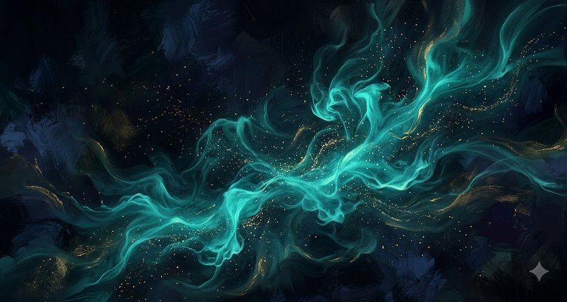 Luminous teal energy diffusing through darkness