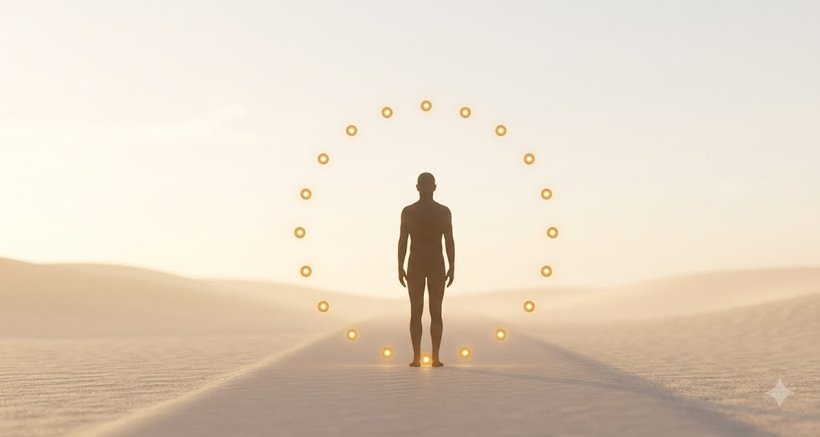 A figure encircled by twenty points of golden light